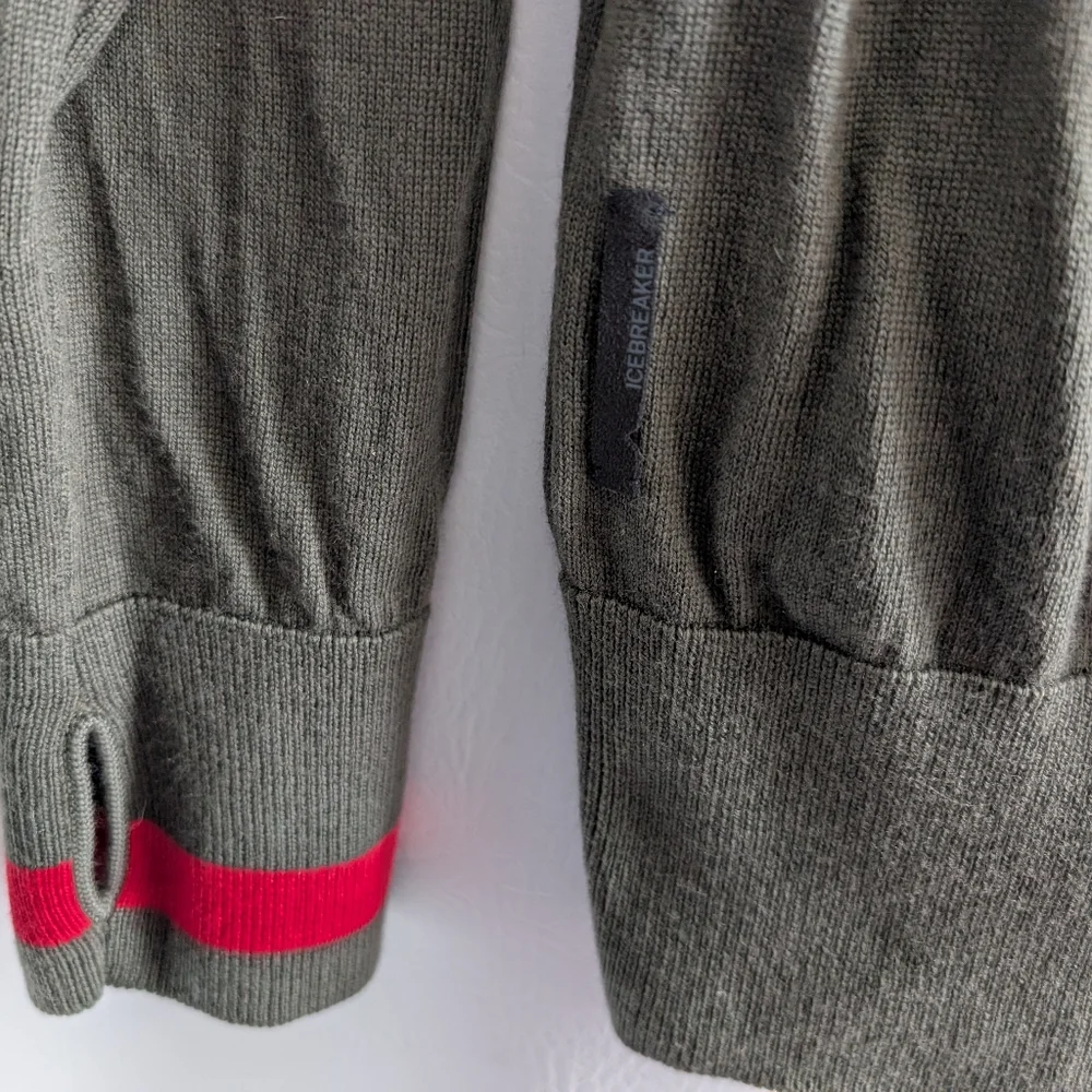 Icebreaker Wool Green Red Detail Full Zip Knit Cardigan Sweater - L